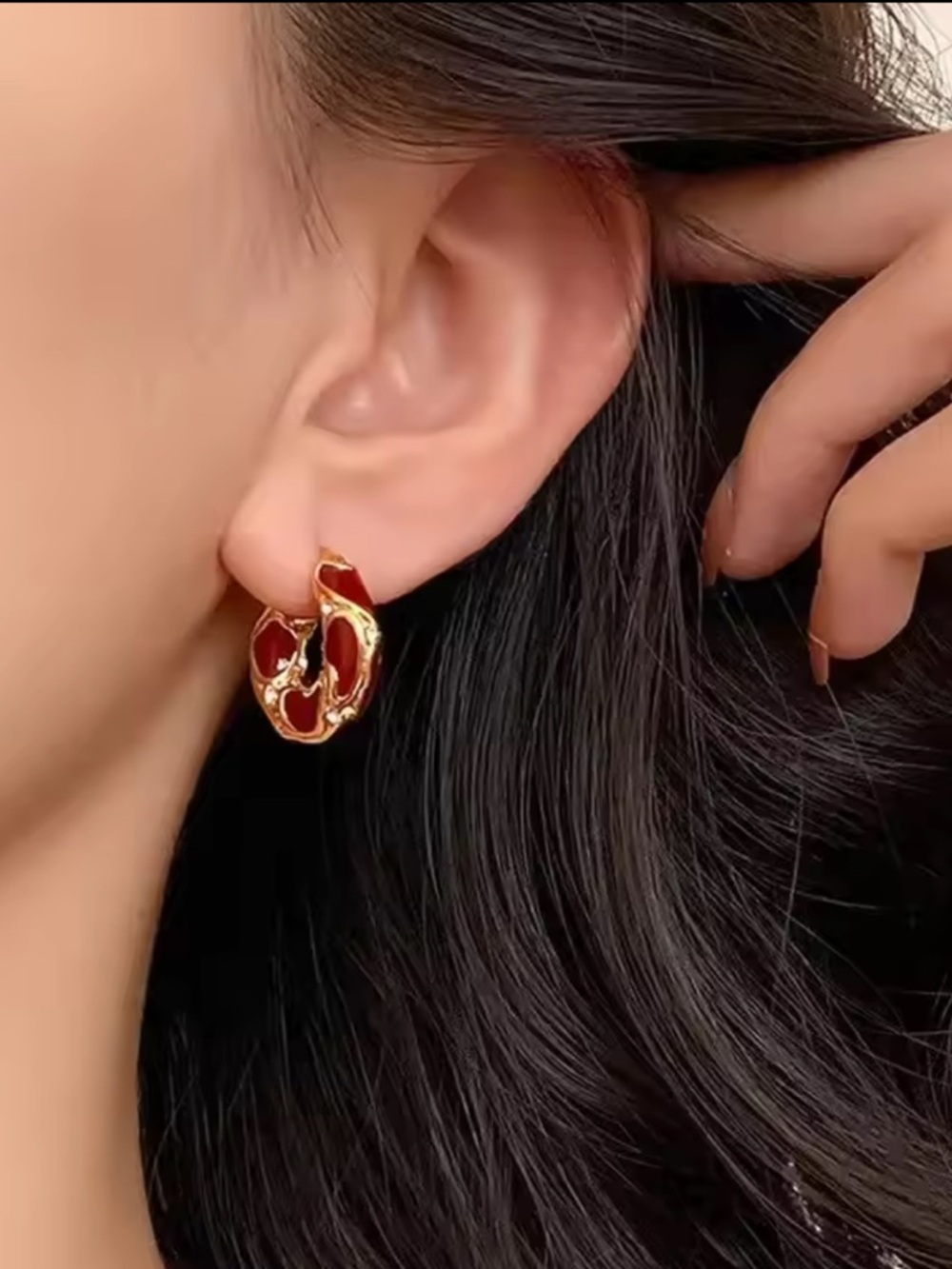 Gold Plated Red Enamel Hoop Earrings - Elegant Women's Jewelry